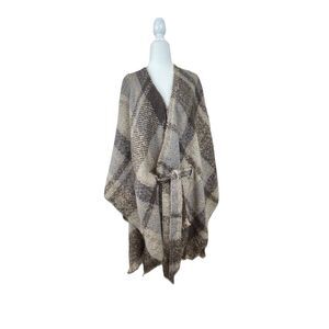 Max Studio Poncho Wrap Brown Plaid Western Bohemian